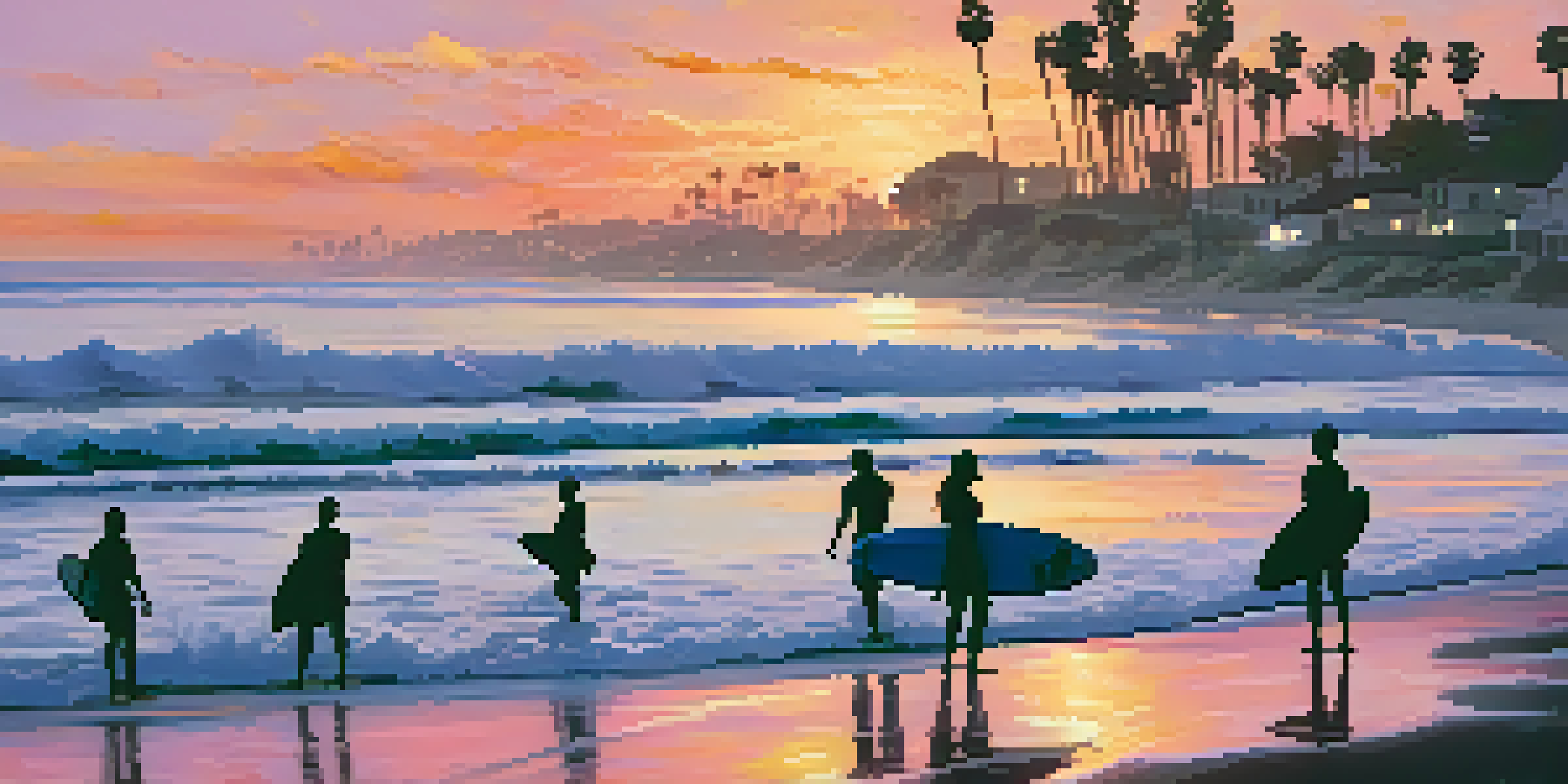 A colorful sunset at Carlsbad State Beach with surfers on gentle waves and palm trees in silhouette.