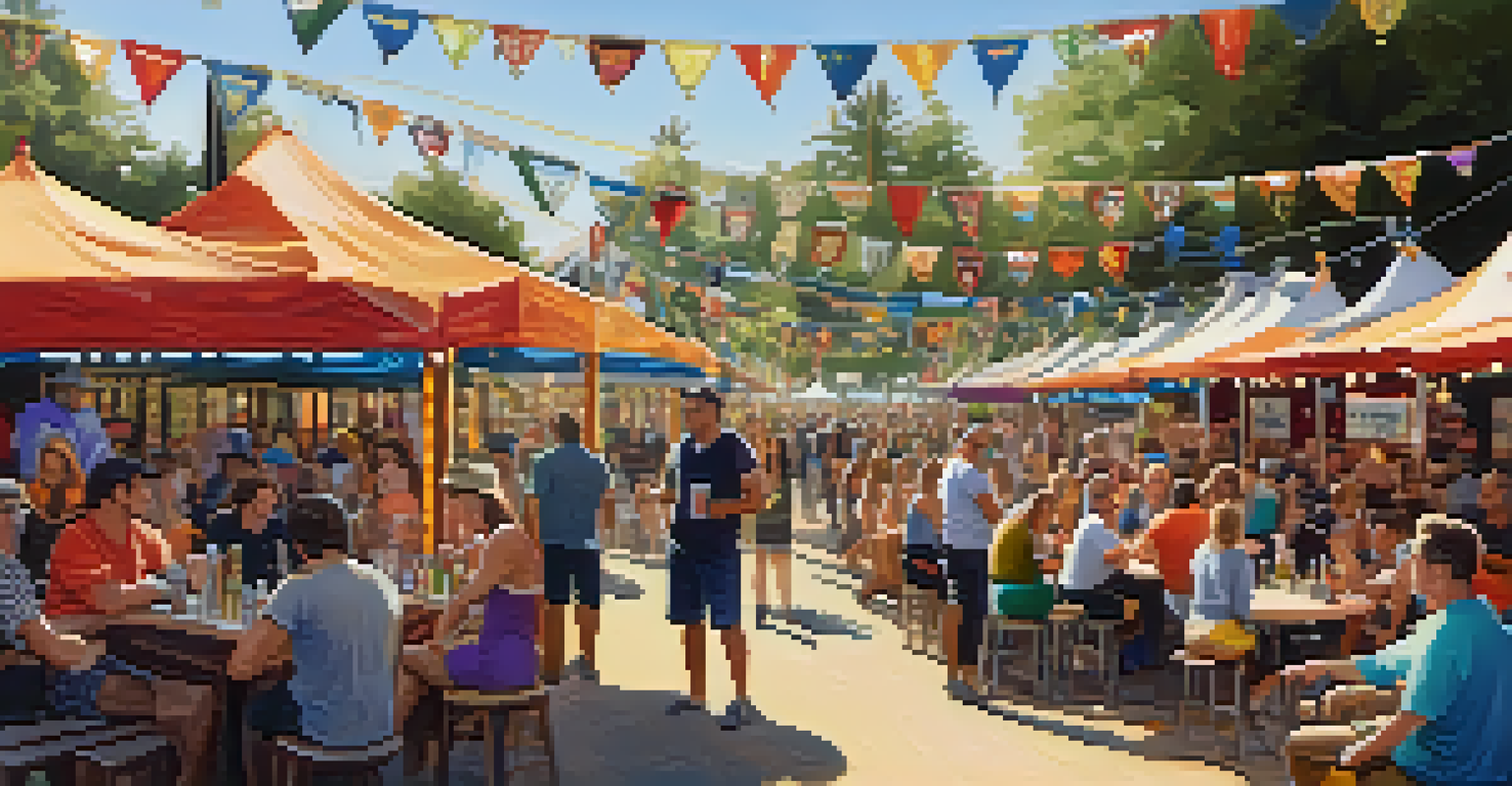 A lively beer festival scene with booths, attendees sampling beers, and live music.