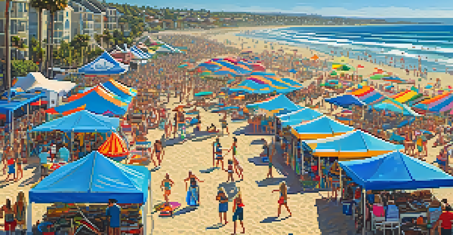 An aerial view of the Carlsbad Beach Festival, with families enjoying beach activities, colorful tents from local shops, and a live band, all under a bright sun.