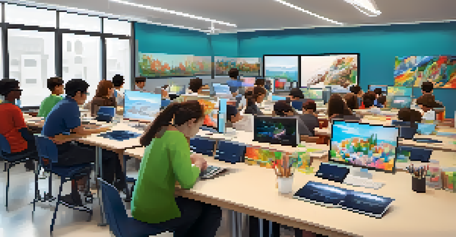 A digital art workshop with young students working on computers, guided by an instructor in a brightly lit classroom filled with inspirational art.