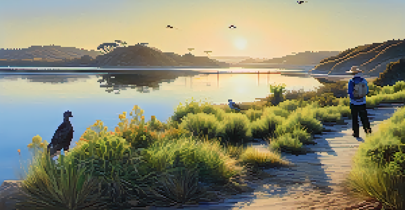 Nature enthusiasts birdwatching at Batiquitos Lagoon with trails and native plants in view.
