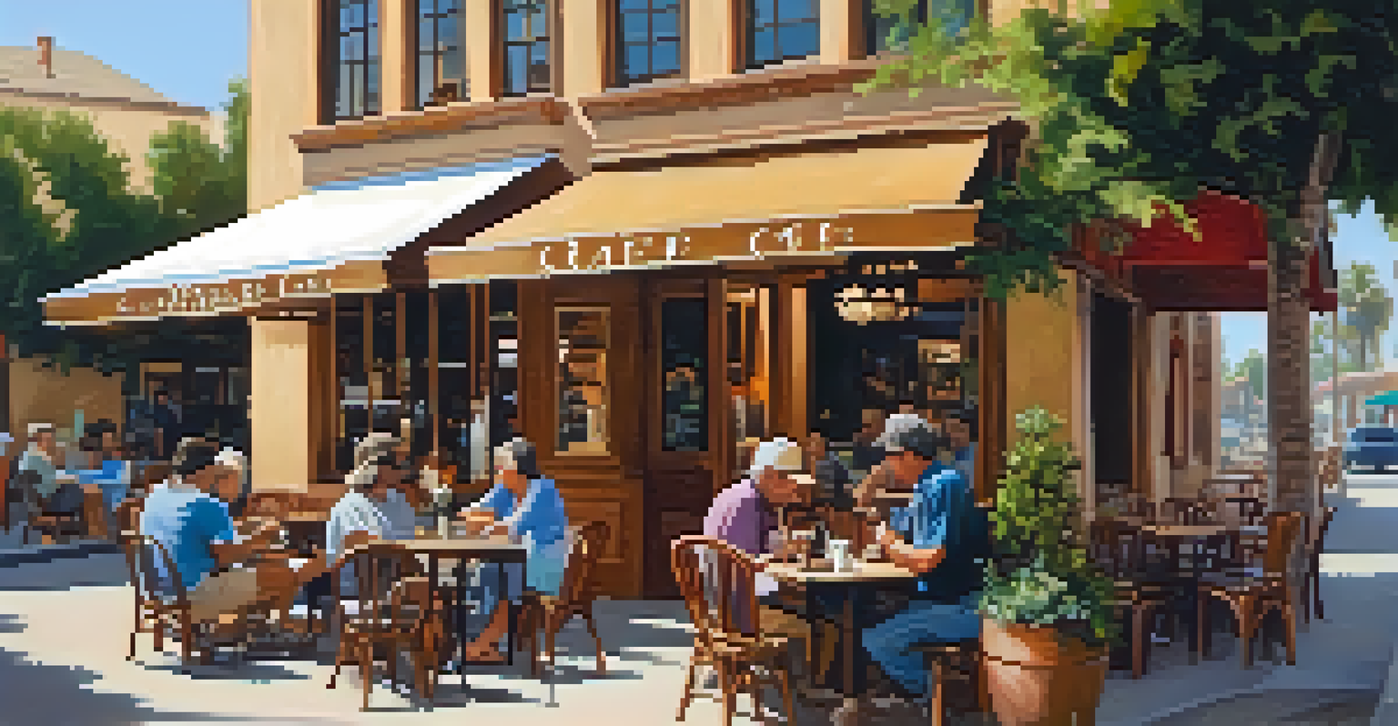 A cozy café in Carlsbad Village with a musician playing guitar and patrons enjoying drinks, featuring warm lighting and artistic decor.