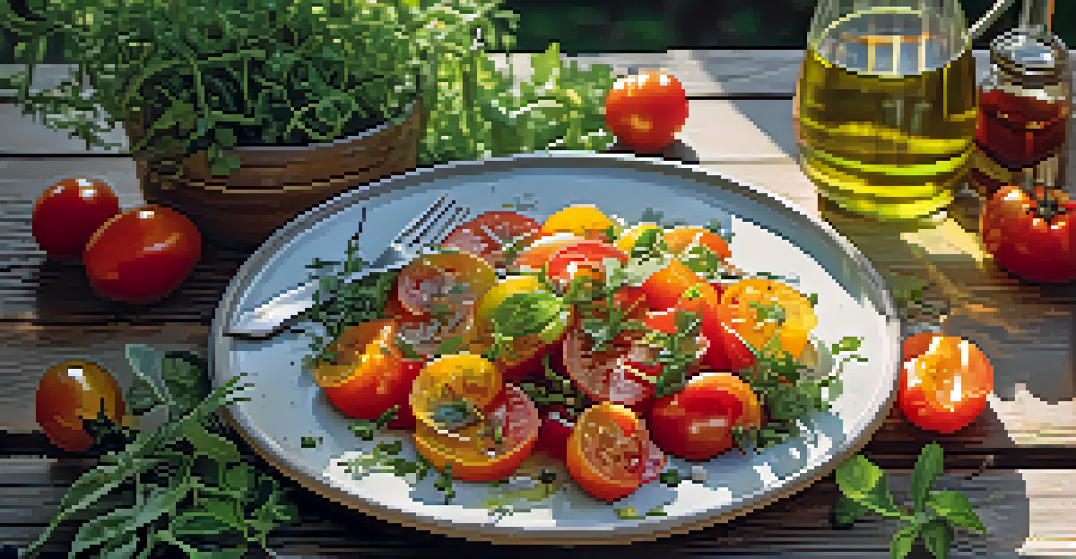 A close-up of a colorful heirloom tomato salad on a rustic table with fresh herbs.