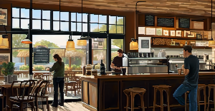 A cozy coffee shop with warm lighting and rustic wooden furniture, where a barista prepares pour-over coffee, surrounded by customers and local artwork.