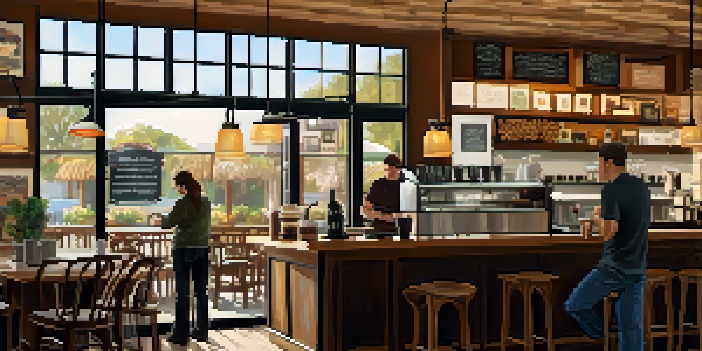 A cozy coffee shop with warm lighting and rustic wooden furniture, where a barista prepares pour-over coffee, surrounded by customers and local artwork.