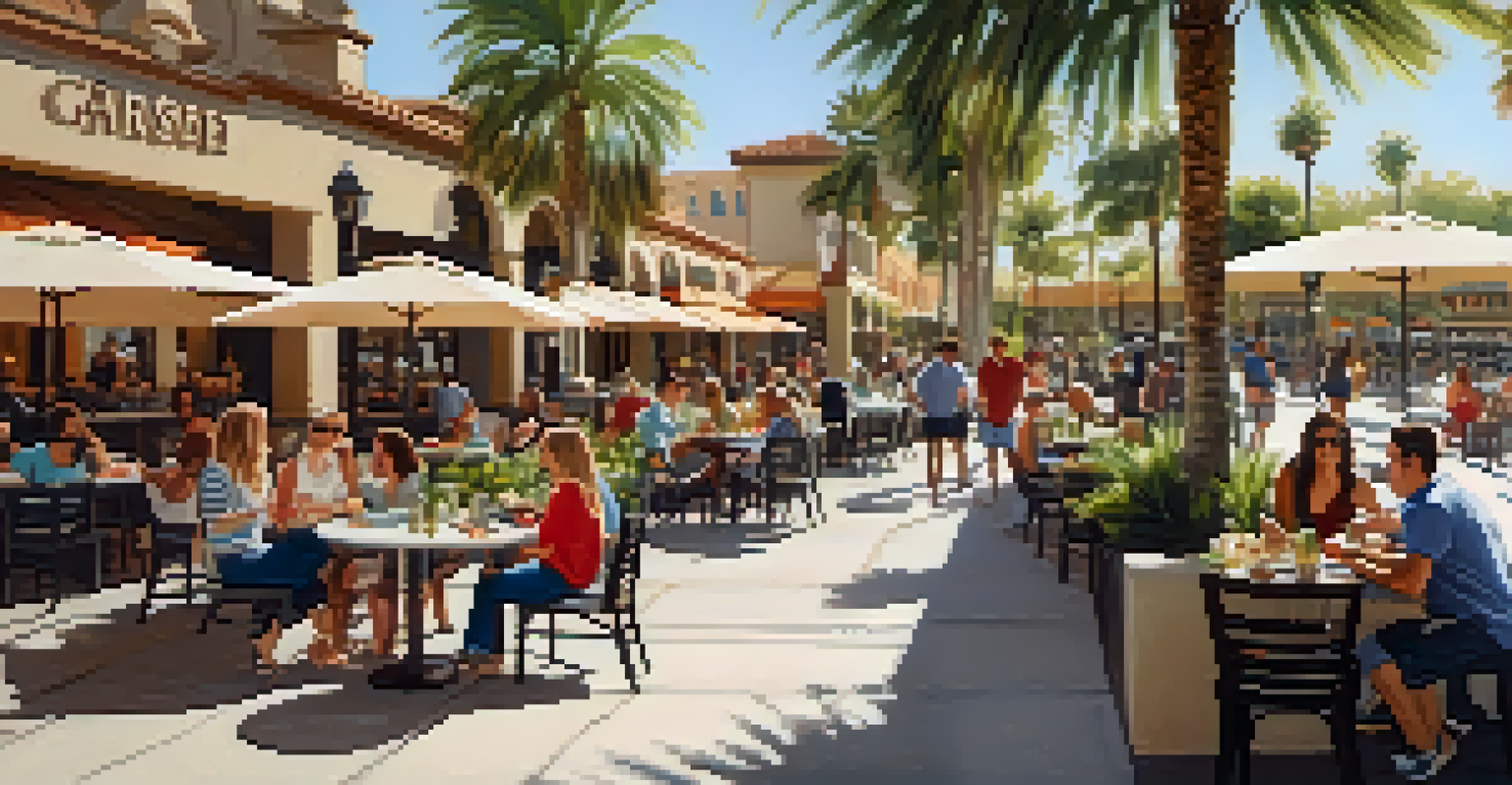 An inviting outdoor dining space at Carlsbad Premium Outlets with diners enjoying meals under palm trees.