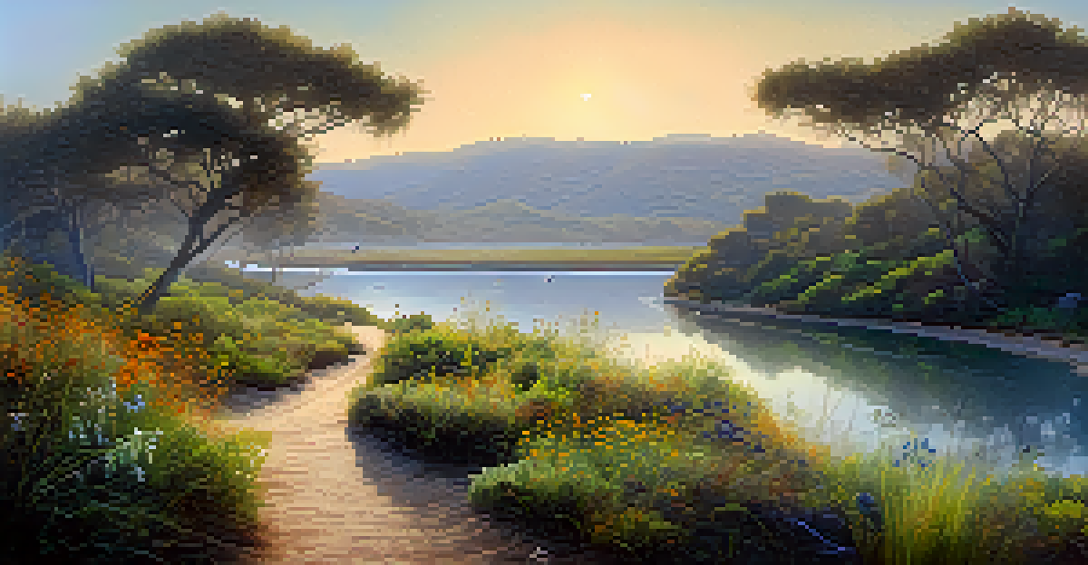A serene lagoon at sunrise with mist and lush vegetation, featuring a winding hiking trail.