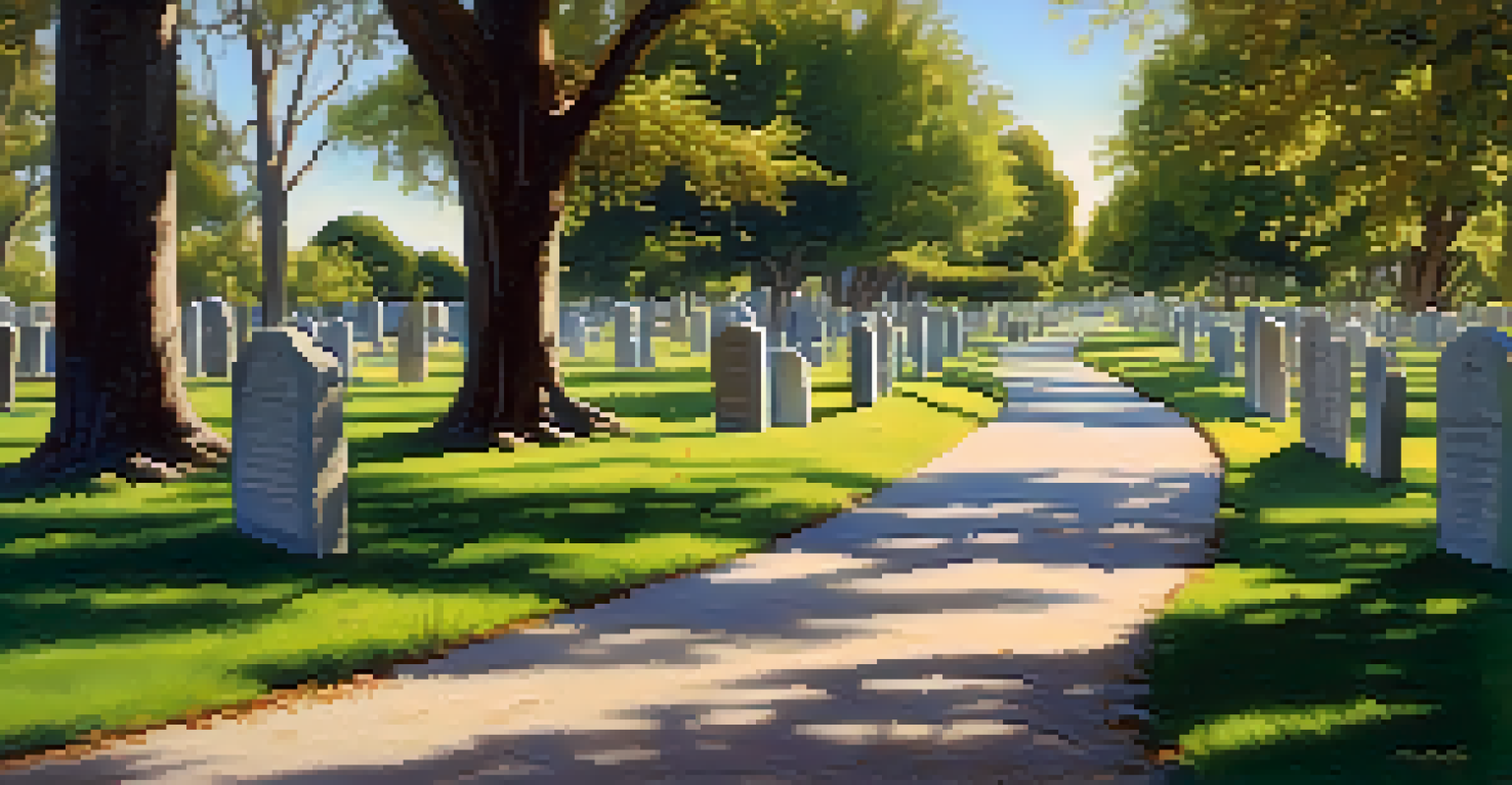 A tranquil path in Carlsbad Cemetery with ancient gravestones and dappled sunlight filtering through trees.