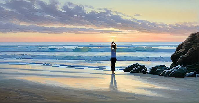 A peaceful beach at sunrise with a person doing yoga, waves gently touching the shore, and pastel colors in the sky.