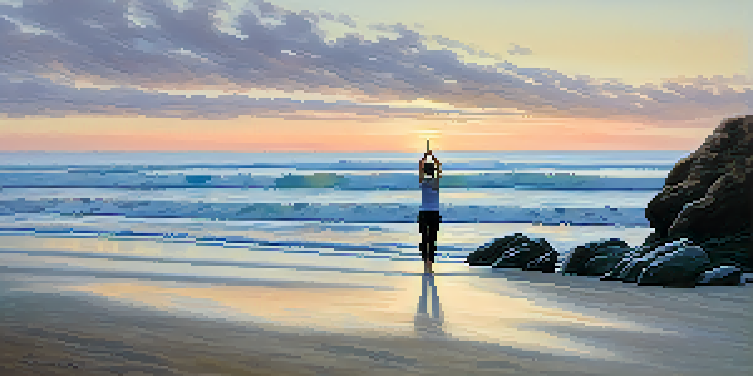 A peaceful beach at sunrise with a person doing yoga, waves gently touching the shore, and pastel colors in the sky.