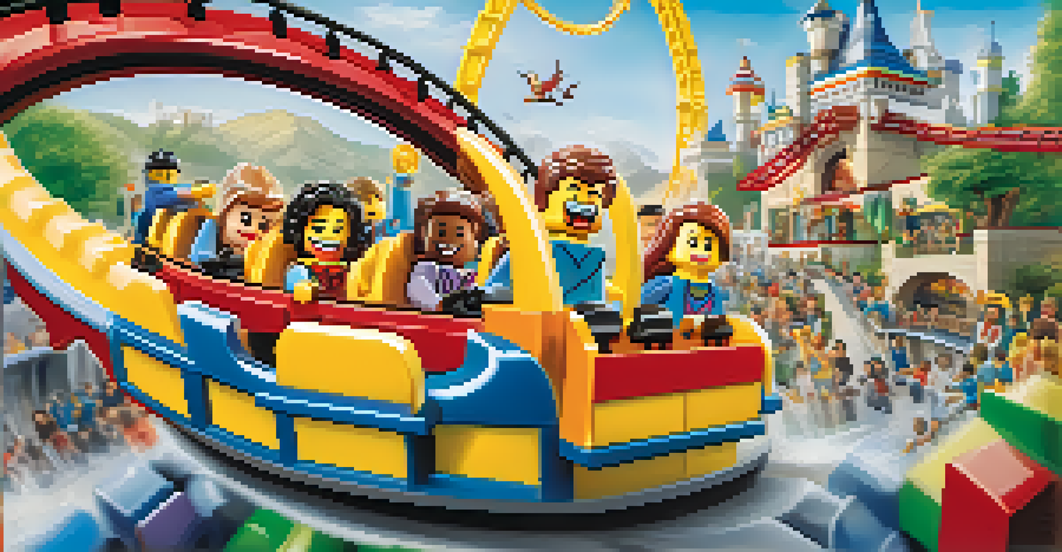 Children and parents enjoying the Dragon roller coaster at Legoland California, surrounded by colorful Lego decor.