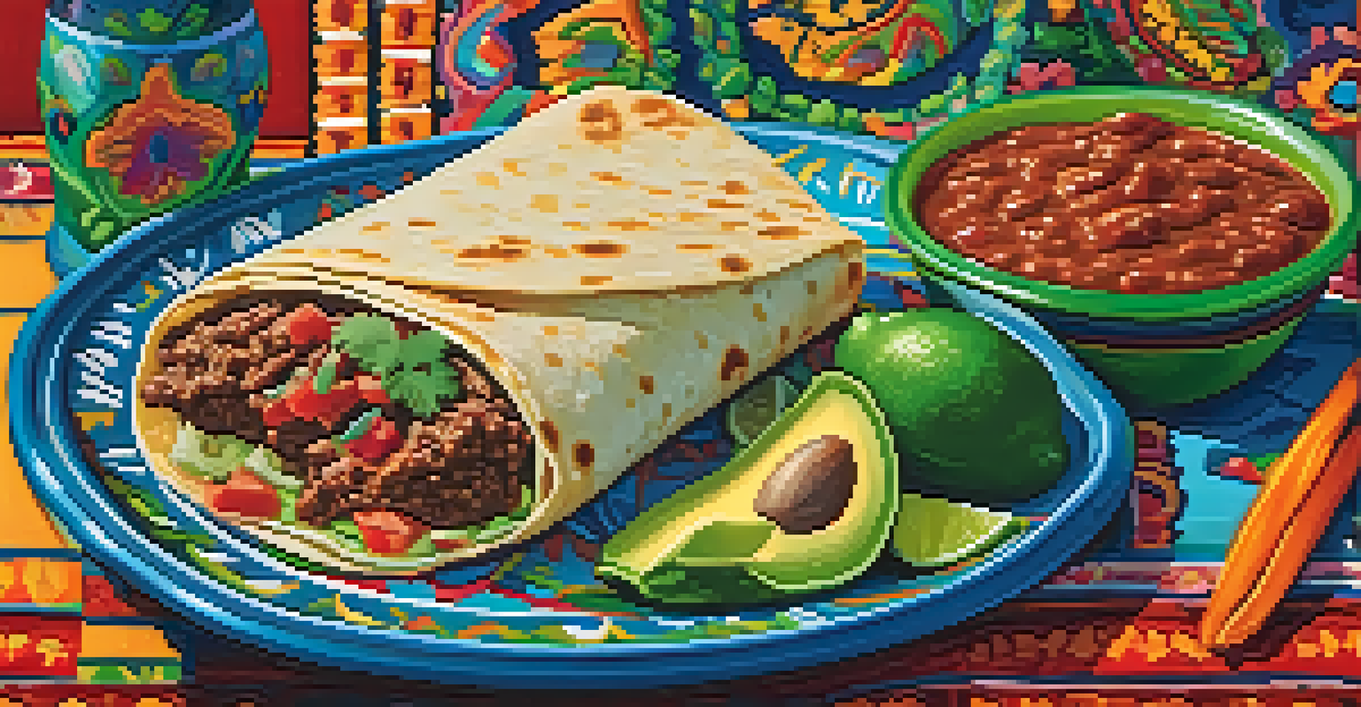 An inviting assortment of Mexican dishes including carne asada burrito and chile rellenos on a decorative plate.