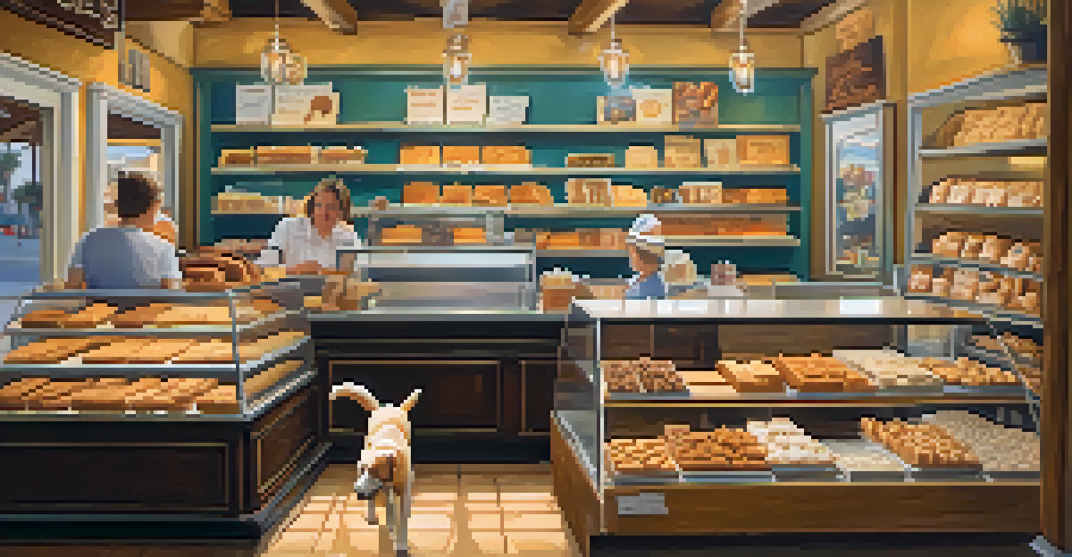 The Doggie Bakery featuring a variety of freshly baked dog treats in a charming shop with a dog owner selecting goodies.