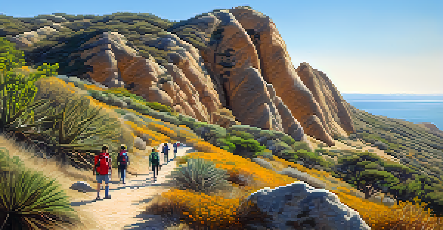 A hiking trail at Calavera Hills with hikers ascending and stunning views of the coastline, surrounded by unique rock formations.
