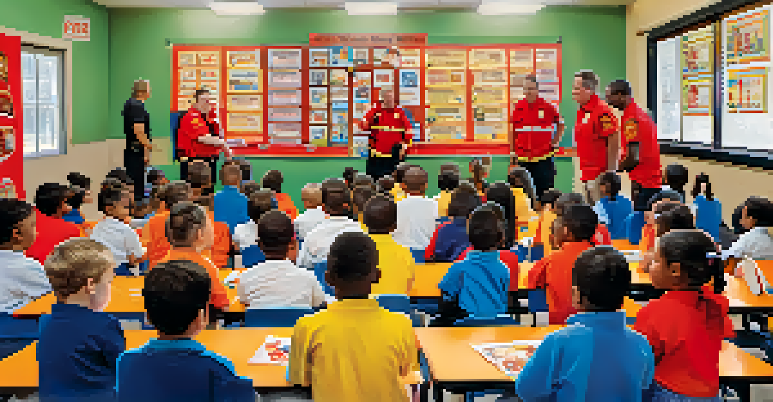 Volunteer firefighters conducting a fire safety workshop for children at a local school, with colorful posters and engaged students.