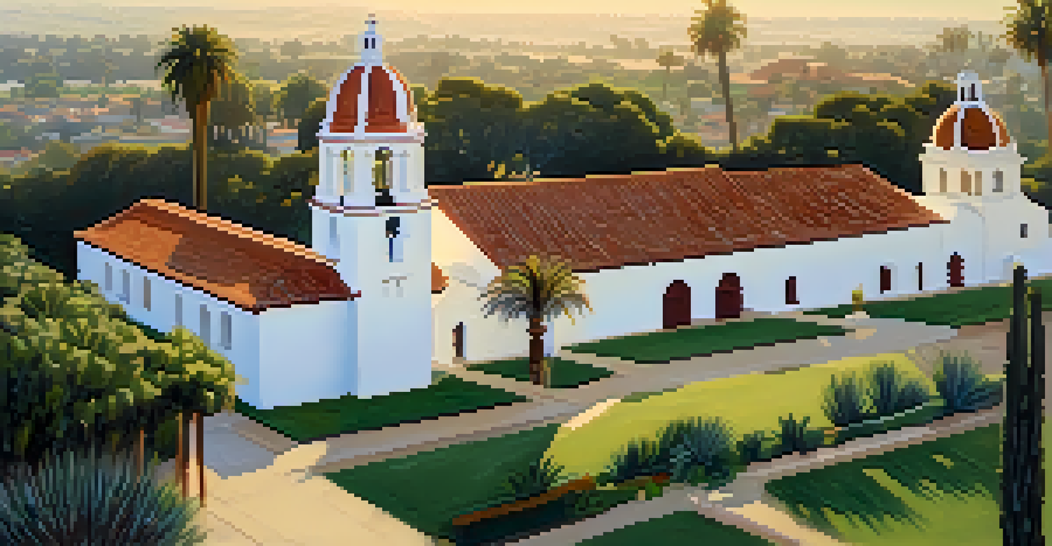 Aerial view of the Carlsbad Mission surrounded by gardens and palm trees.