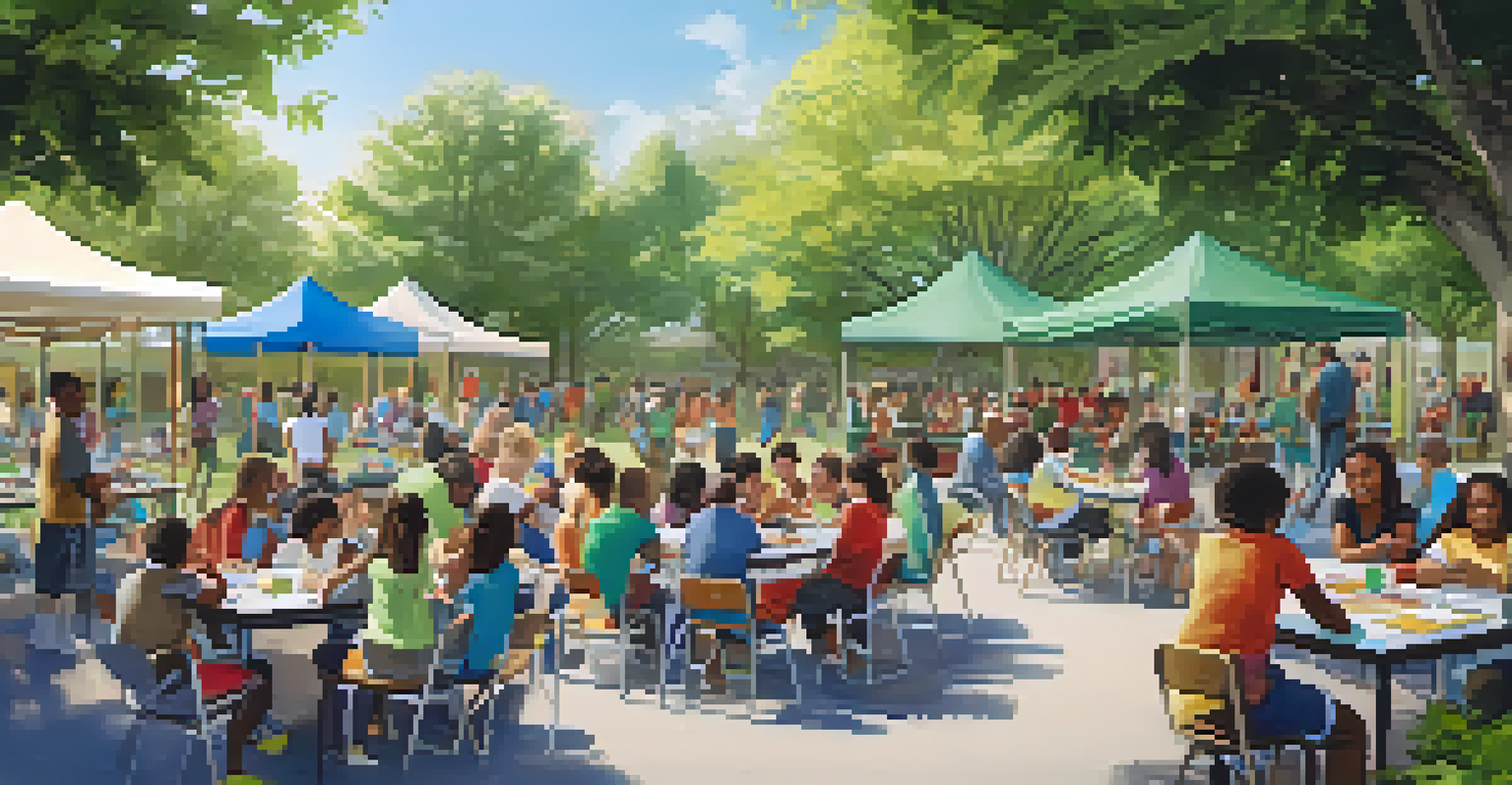 A community workshop with diverse parents and educators actively engaged in discussions and activities outdoors, surrounded by greenery.