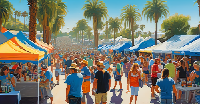 A lively outdoor craft beer festival with attendees sampling beers and enjoying local food under a clear sky and palm trees.