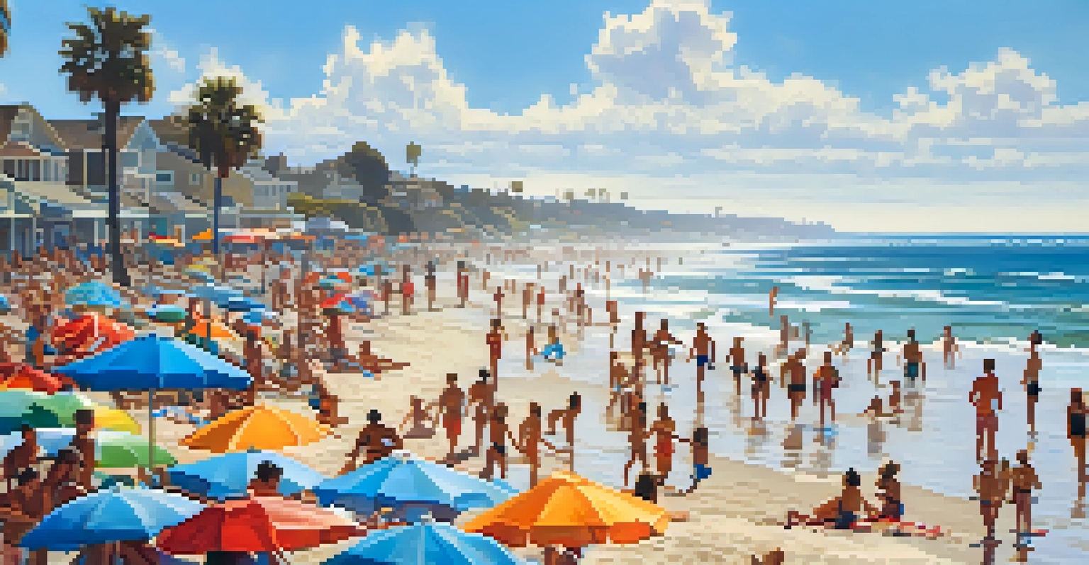 A bustling summer beach scene in Carlsbad, California, with sunbathers, surfers, and colorful beach umbrellas under a clear blue sky.