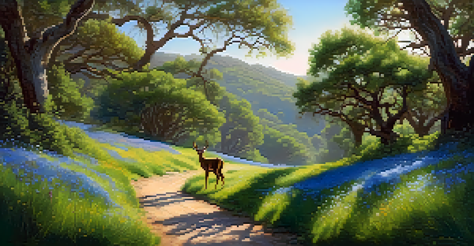 A winding trail in a forest with sunlight, wildflowers, and a deer grazing in the background.
