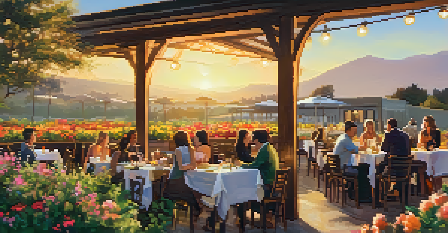 An outdoor seating area at The Flower Fields Restaurant during sunset, with rustic tables, seasonal flowers, and guests enjoying colorful cocktails in a warm atmosphere.