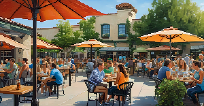 A sunny outdoor brewery scene with families enjoying pizza and craft beer under colorful umbrellas.