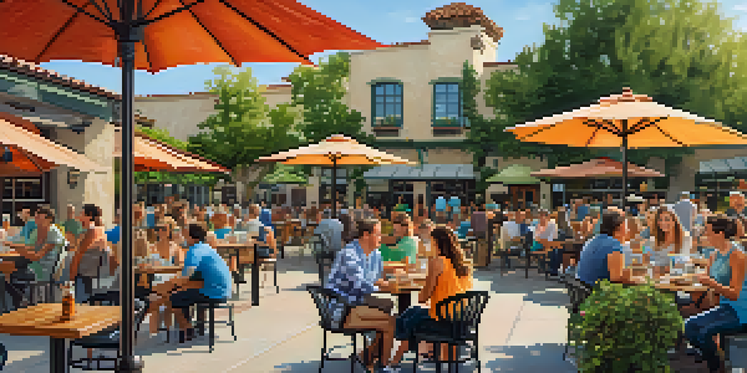 A sunny outdoor brewery scene with families enjoying pizza and craft beer under colorful umbrellas.