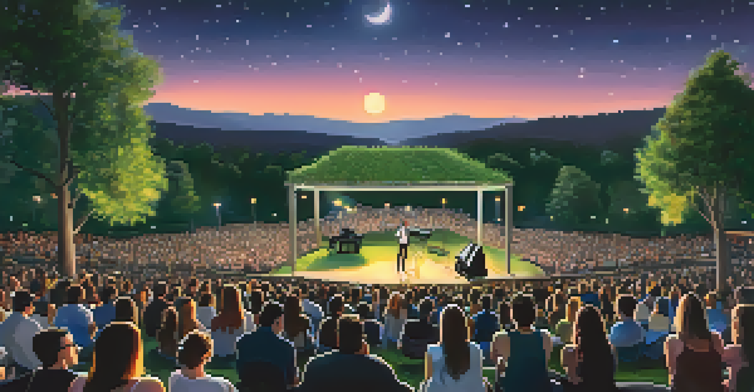 A scenic view of the Moonlight Amphitheatre during an evening concert, with a lit stage, lush greenery, and an audience enjoying the performance under the stars.