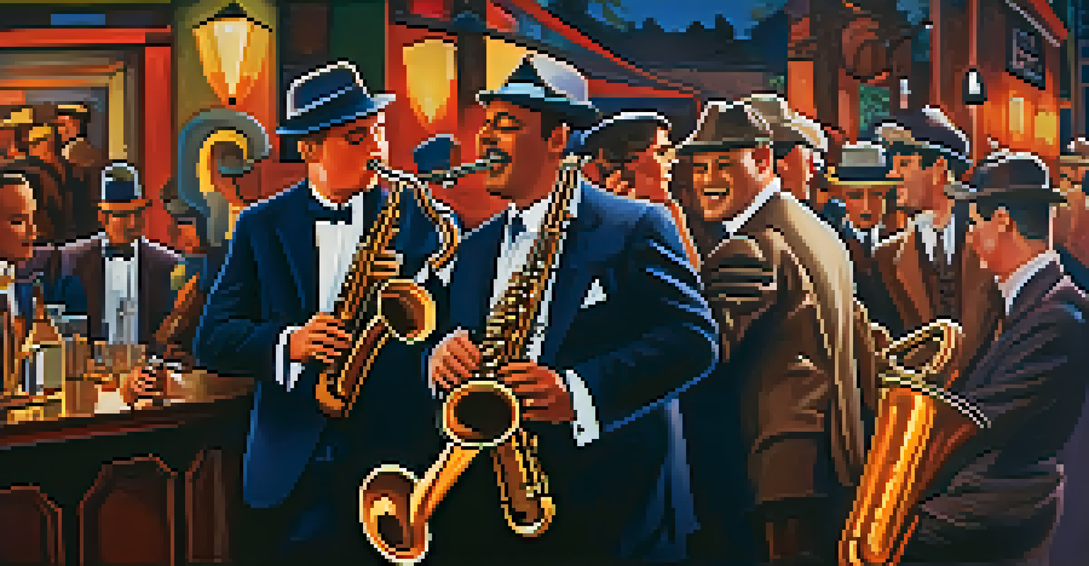 A jazz band performing in a lively speakeasy, with patrons dancing in 1920s attire.