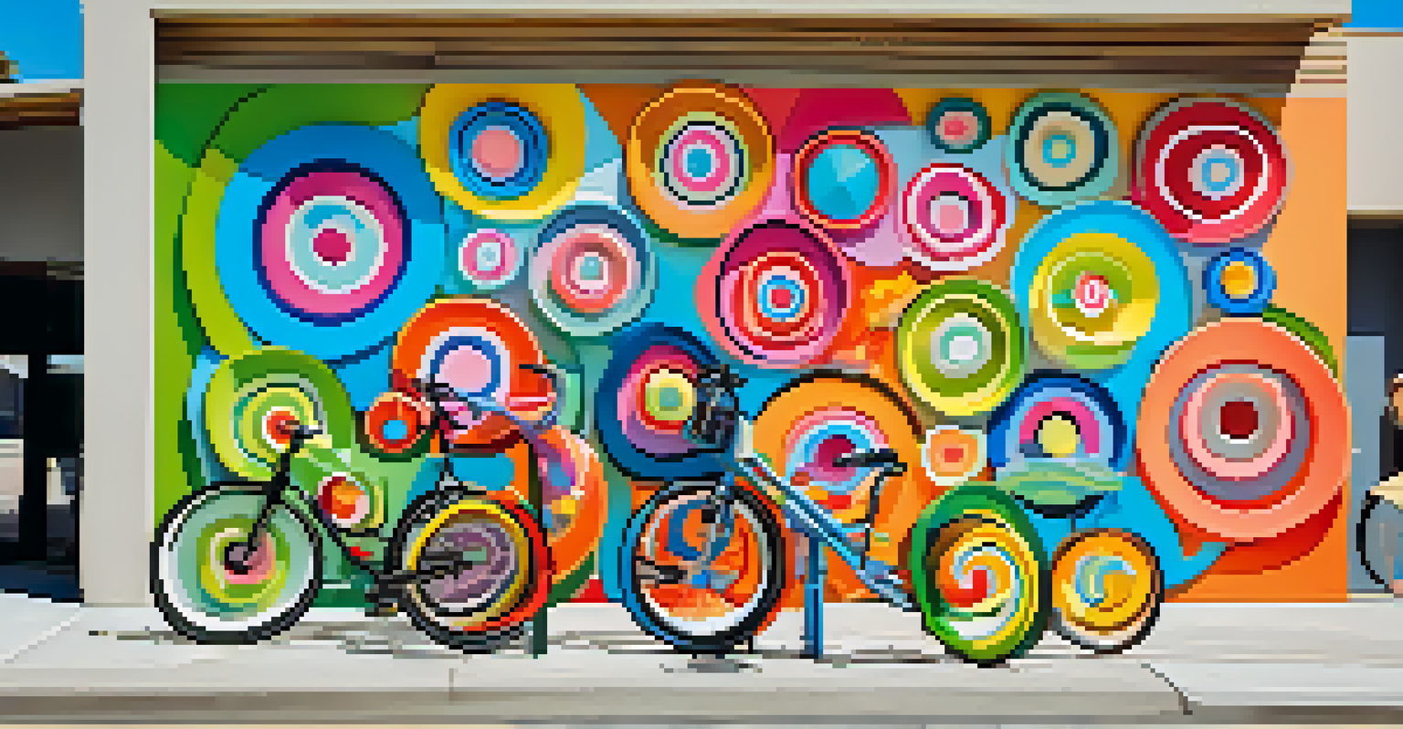 A colorful bike rack art installation in Carlsbad, designed in playful shapes, with people cycling and walking nearby.
