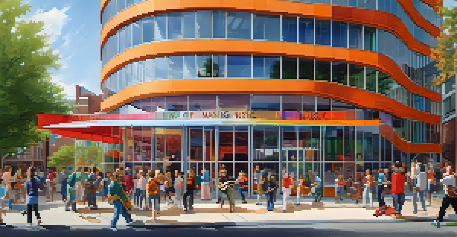 A modern view of the Museum of Making Music with families entering and musical instruments displayed outside.