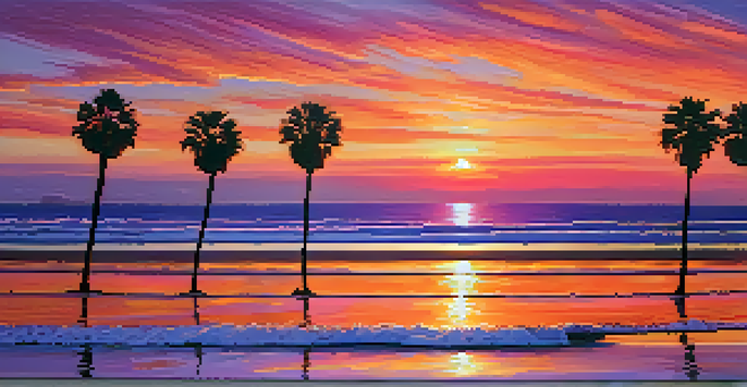 A scenic sunset over Carlsbad Boulevard with colorful sky and gentle waves on the shore.