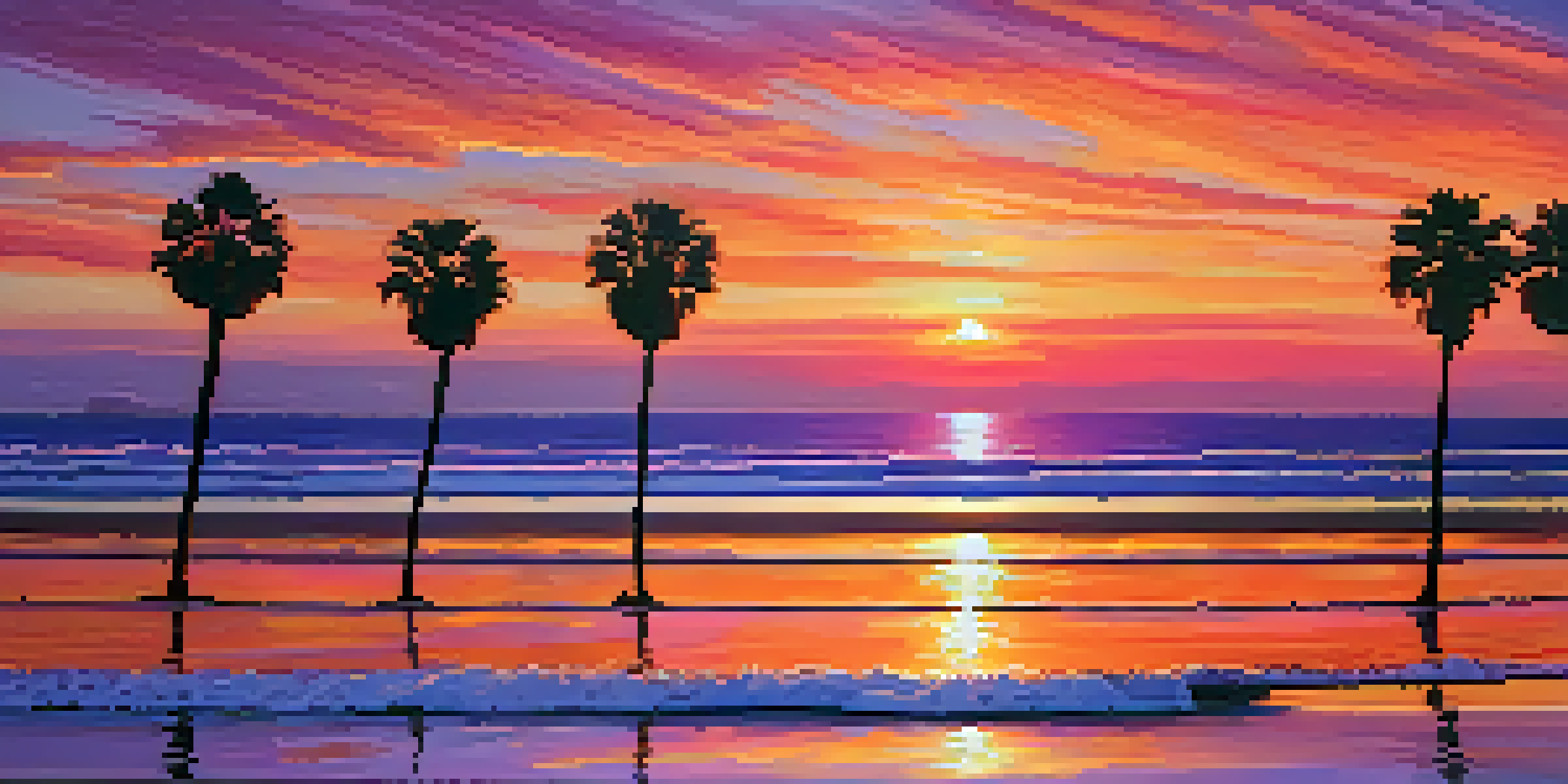 A scenic sunset over Carlsbad Boulevard with colorful sky and gentle waves on the shore.
