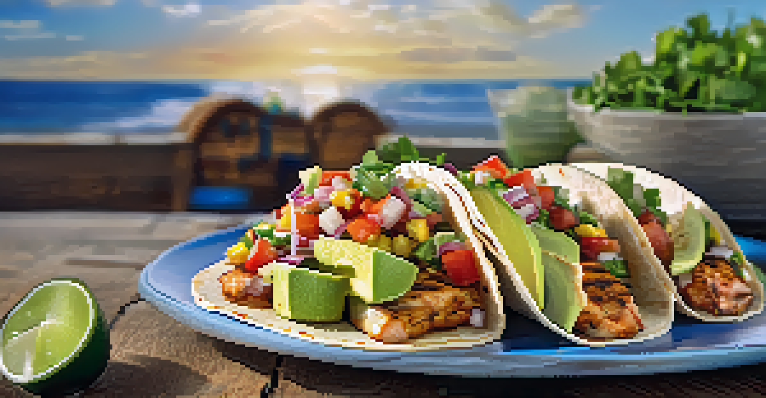 A delicious grilled fish taco with mahi-mahi, topped with salsa and avocado, presented on a rustic wooden table.