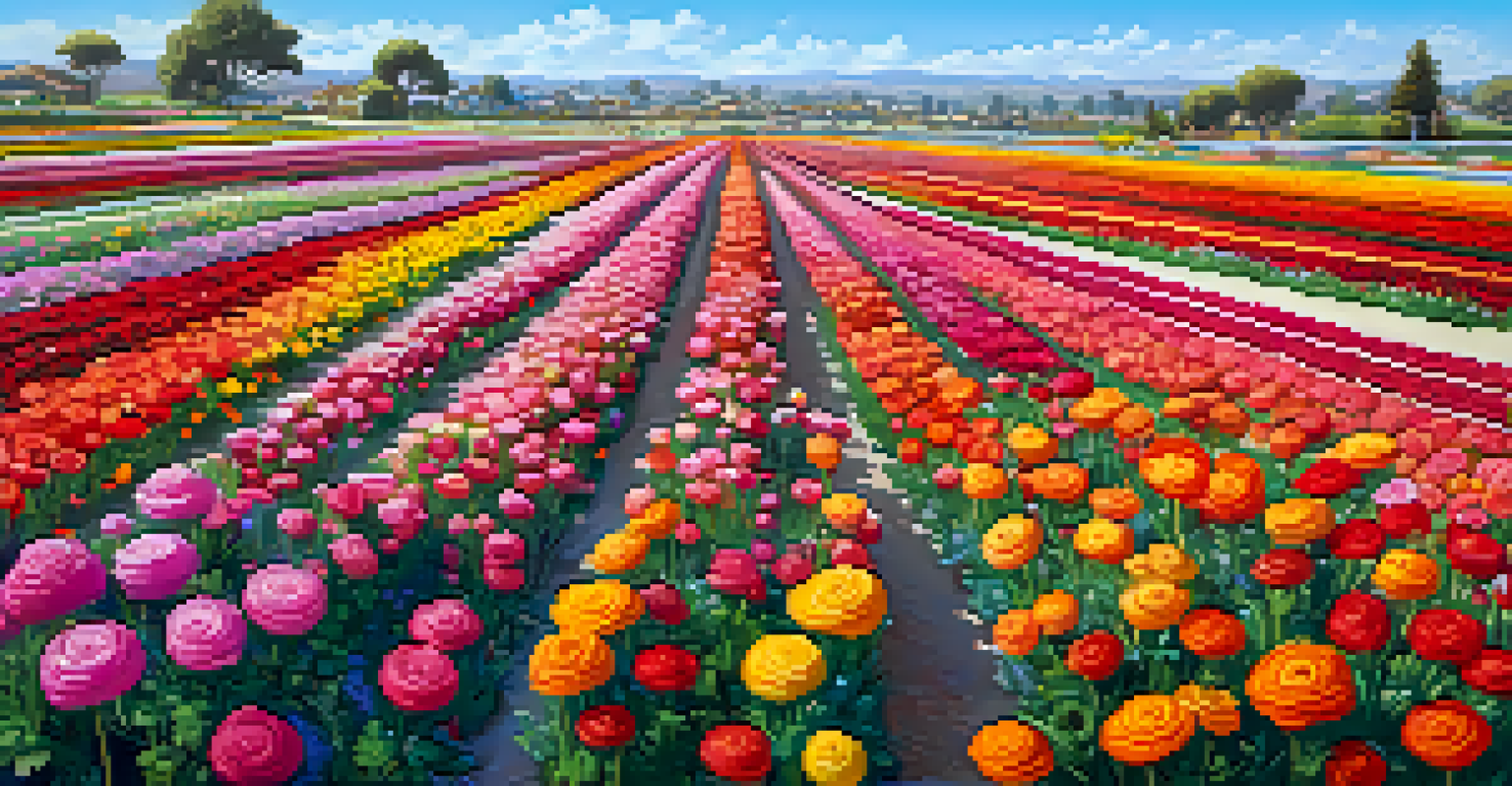 Aerial view of colorful ranunculus flowers blooming in the Carlsbad Flower Fields under a blue sky.