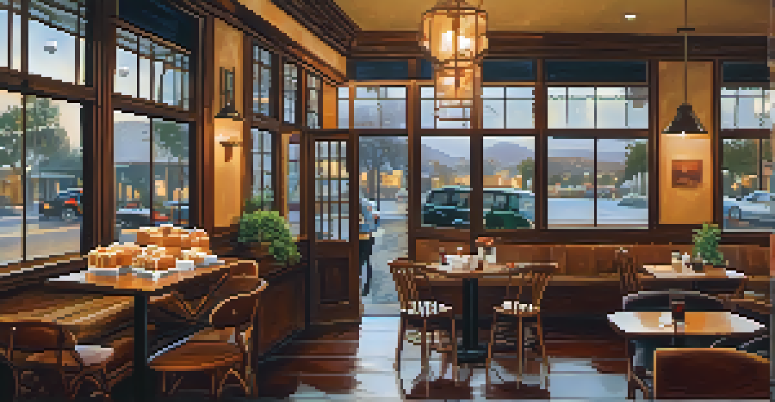 A cozy café in Carlsbad during a rainy day, with pastries and couples enjoying coffee.