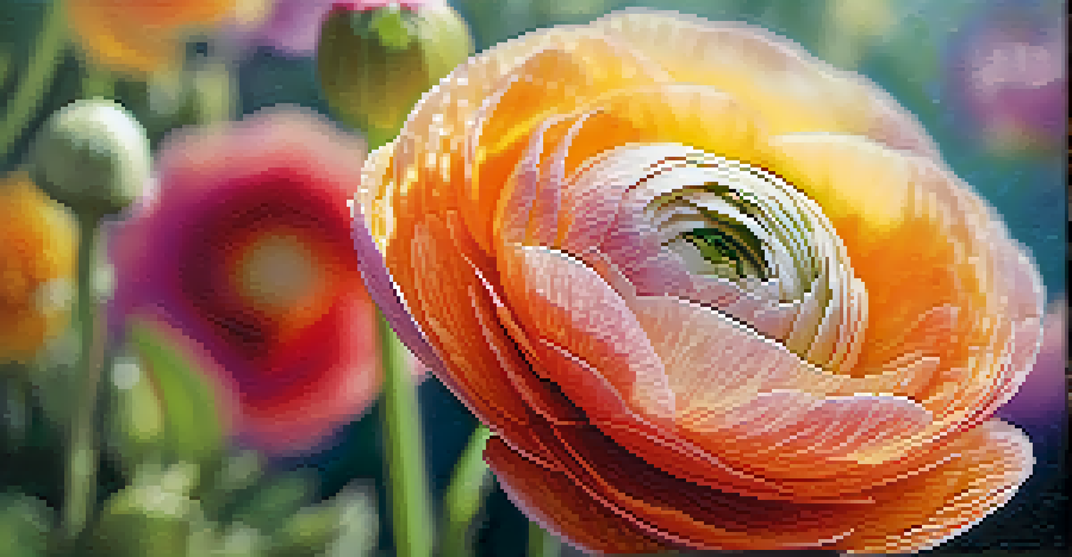 A close-up of a colorful ranunculus flower with soft petals, highlighted by sunlight against a blurred background of more flowers.