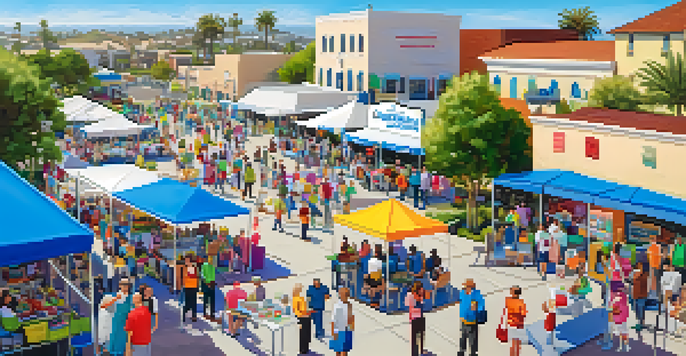 A lively community health fair with booths and residents participating in various health activities under a clear sky.