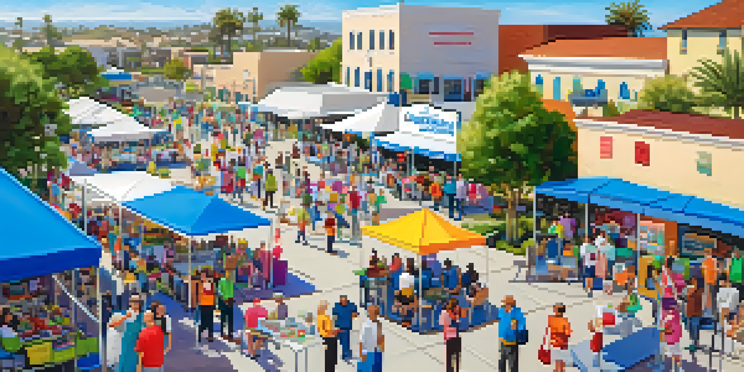 A lively community health fair with booths and residents participating in various health activities under a clear sky.