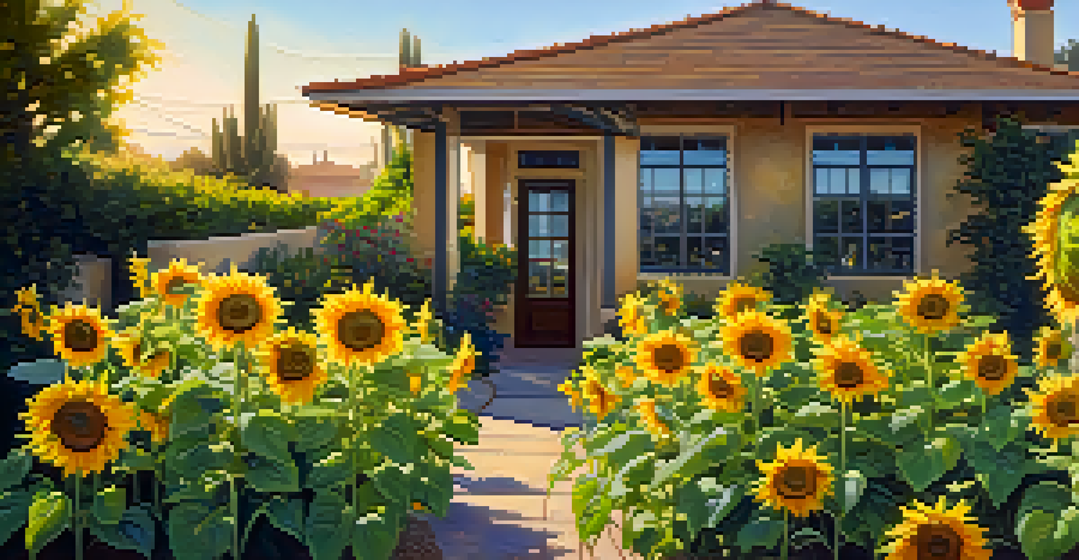 A summer garden filled with tall sunflowers and basil plants, featuring a drip irrigation system under golden afternoon sunlight.