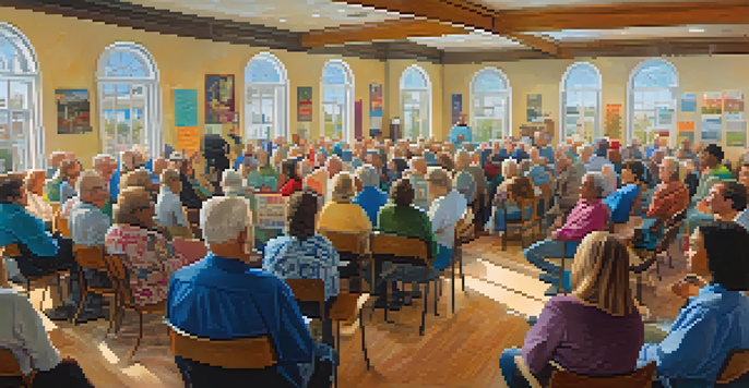 A lively town hall meeting with diverse community members discussing local initiatives, surrounded by colorful banners and bright natural light.