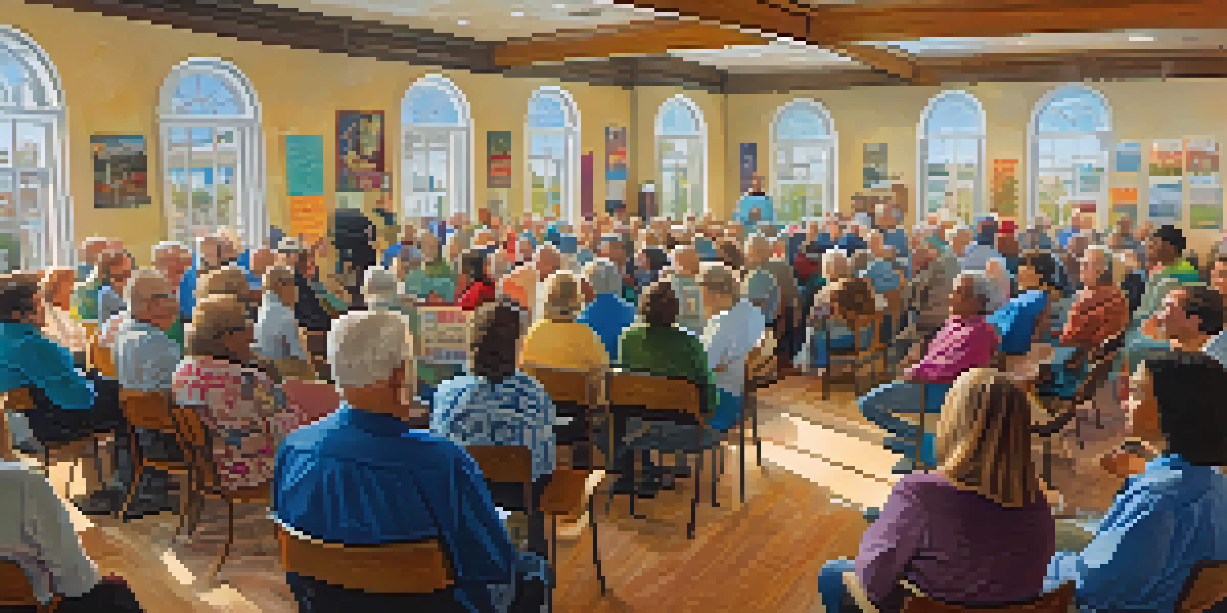 A lively town hall meeting with diverse community members discussing local initiatives, surrounded by colorful banners and bright natural light.