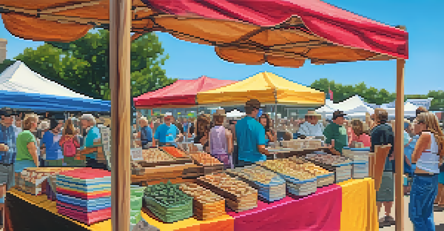 A close-up view of a local artisan vendor booth with handmade crafts and food at a music festival.