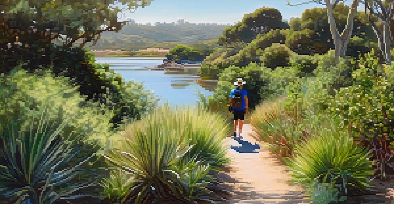 A tranquil view of Batiquitos Lagoon with a person photographing wildlife along a scenic trail.