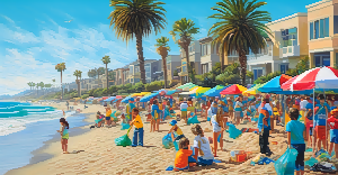 A diverse group of volunteers participating in a beach cleanup event, collecting trash along a sunny shoreline with a turquoise ocean and palm trees in the background.