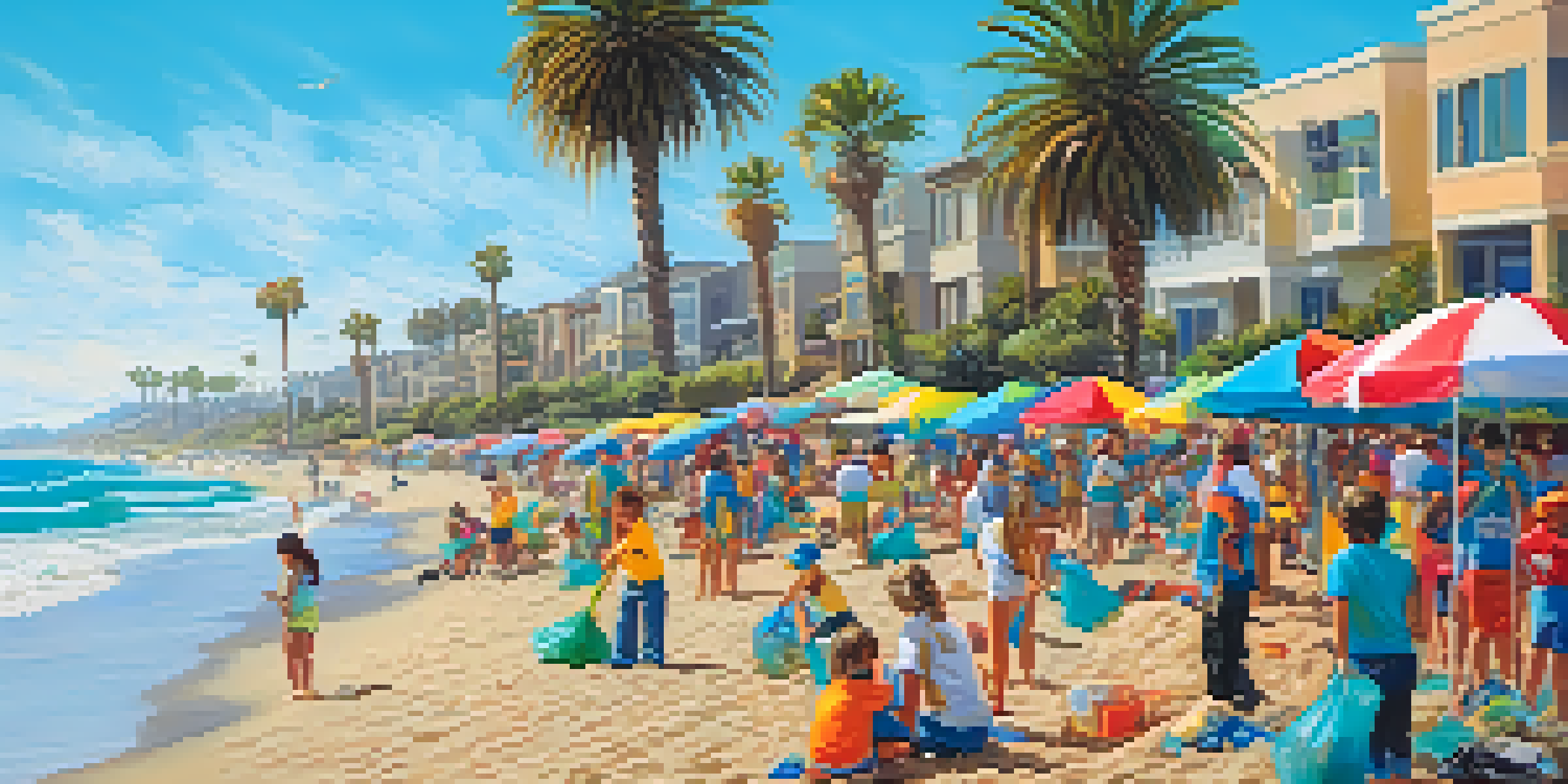 A diverse group of volunteers participating in a beach cleanup event, collecting trash along a sunny shoreline with a turquoise ocean and palm trees in the background.