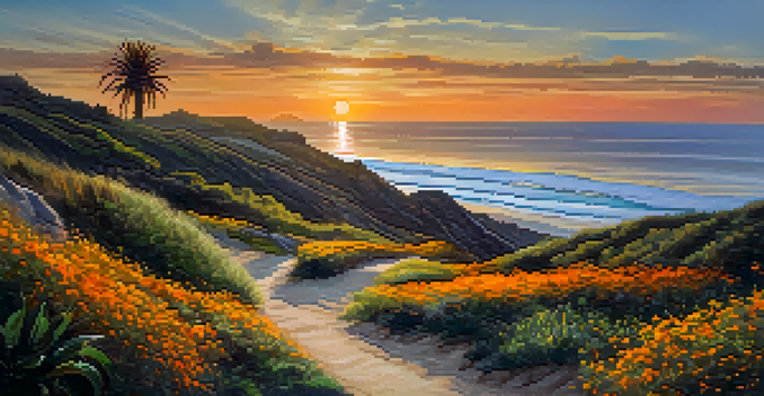 A sunset view along the Carlsbad Coastal Trail with people walking and biking, surrounded by flowers and the ocean.