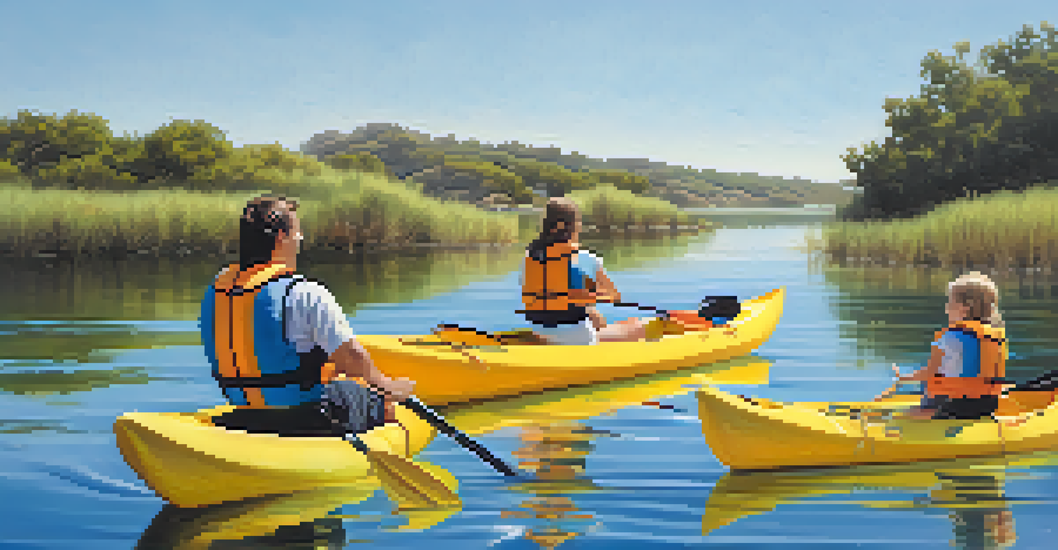 A family paddling a yellow kayak on the calm waters of Carlsbad lagoon, surrounded by green vegetation.