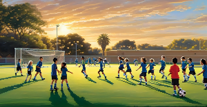 Children playing soccer during practice at a sports complex, with coaches and parents watching.