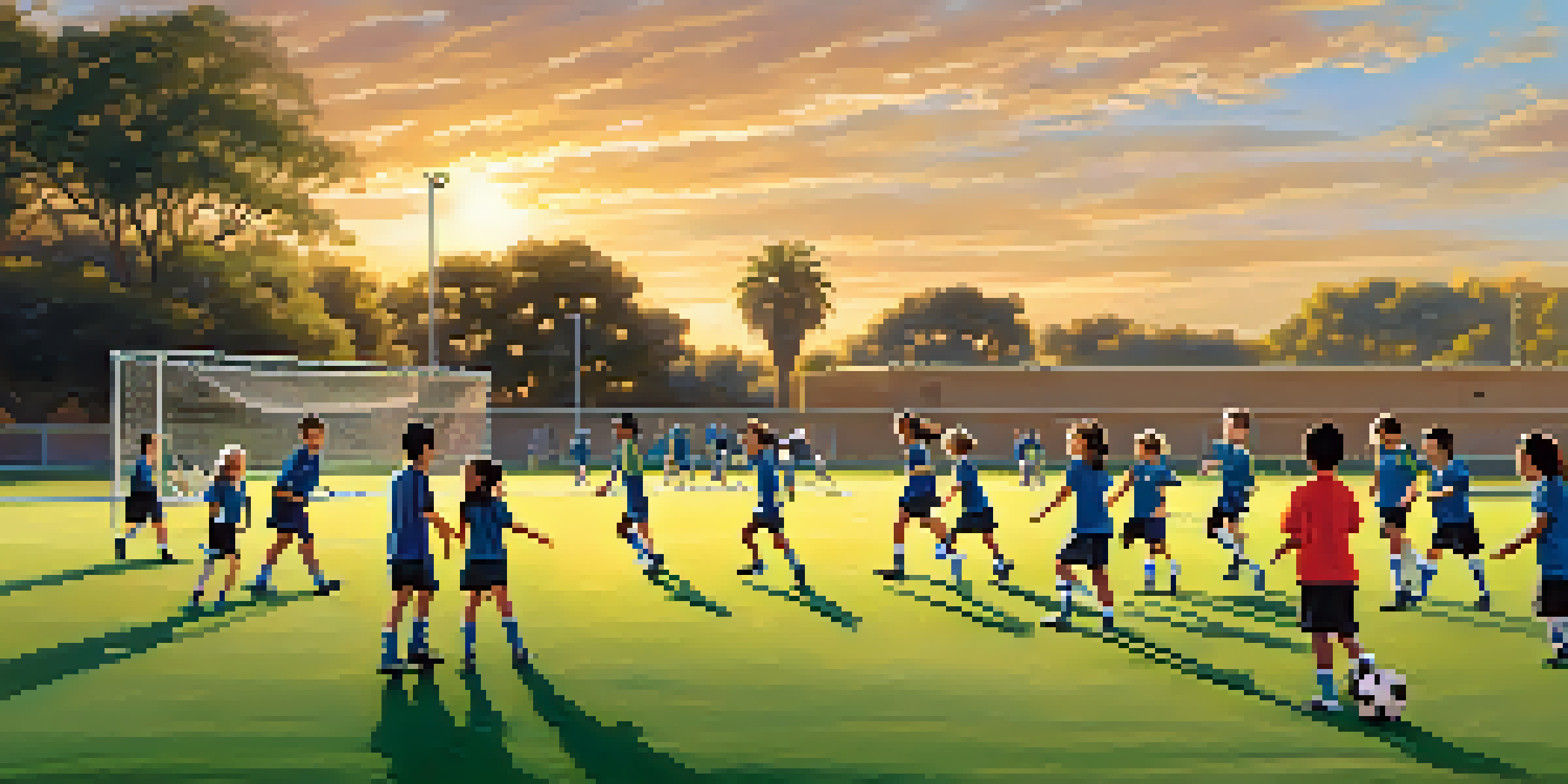 Children playing soccer during practice at a sports complex, with coaches and parents watching.